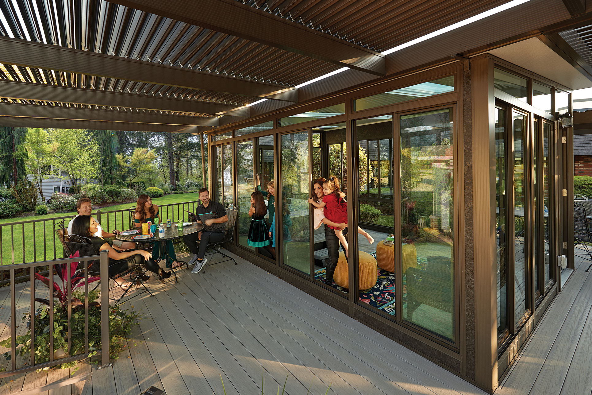 Studio sunroom with attached operable pergola